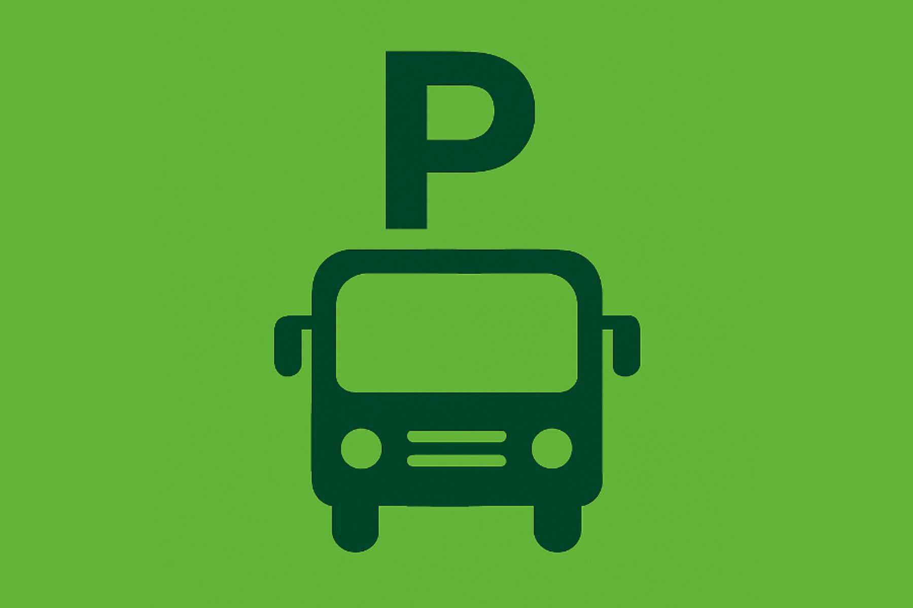 Ein schwarzes Symbol eines Busses mit einem großen Buchstaben P darüber, der das Parken von Bussen symbolisiert, auf einem grünen Hintergrund.